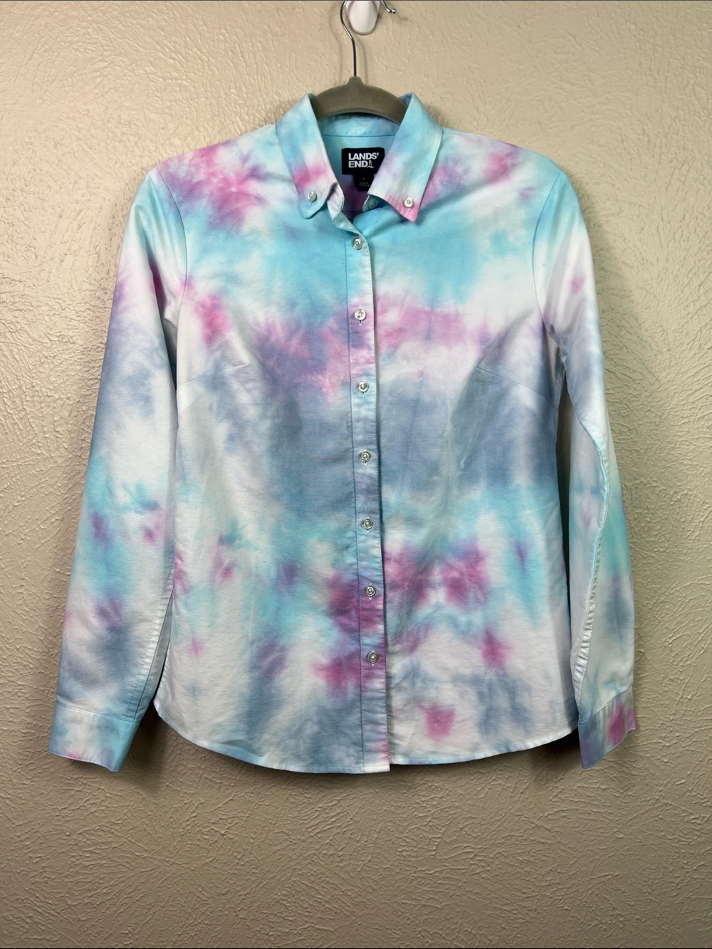 Lands’ End Pink Blue White Pastel Tie Dye Long Sleeve Button Down Shirt 6